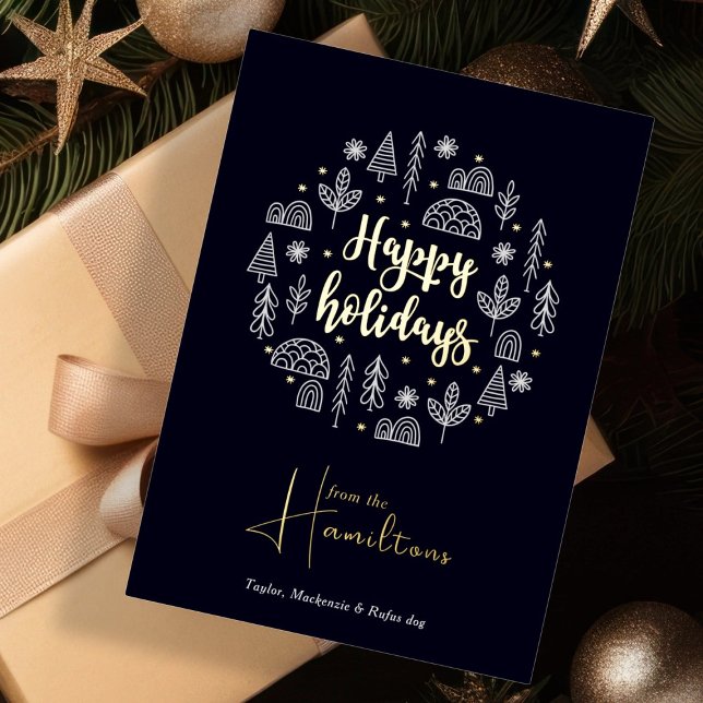 Tarjeta Festiva Con Relieve Metalizado Scandinavian Nordic Felices Fiestas Personalizadas (Scandinavian Nordic Happy Holidays Personalized Foil Holiday Card by Ricaso. Blue, white, REAL foil
)