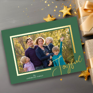 Tarjeta Festiva Con Relieve Metalizado Script Alegre Moderno Minimalista Foto Navidad Dor
