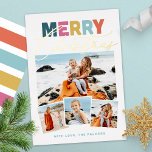 Tarjeta Festiva Con Relieve Metalizado Script Collage Merry Christmas Relieve metalizado<br><div class="desc">Celebre la temporada de vacaciones con esta tarjeta de 4 Navidades vibrante y festiva que capta el espíritu de la temporada mientras exhibe sus preciados recuerdos. Esta tarjeta combina la opulencia de acentos de Relieve metalizado dorado, el alegría de colores vivos y audaces, y la tipografía de escritura juguetona para...</div>