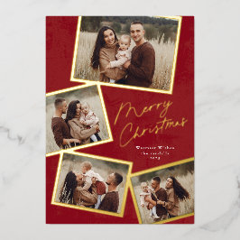 Tarjeta Festiva Con Relieve Metalizado Script de Colaje de 4 Fotos Simple Feliz Navidad