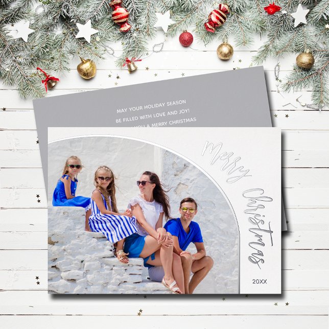 Tarjeta Festiva Con Relieve Metalizado Script de Feliz Navidad con Foto (Merry Christmas REAL silver foil holiday photo cards)