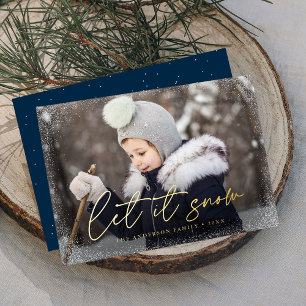 Tarjeta Festiva Con Relieve Metalizado Script de Let It Snow moderno