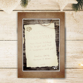Tarjeta Festiva Con Relieve Metalizado Script de papel de madera rústico Feliz Navidad