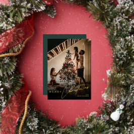 Tarjeta Festiva Con Relieve Metalizado Script Estiloso Minimalista 1 Foto Verde Navidad