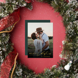 Tarjeta Festiva Con Relieve Metalizado Script Estiloso Minimalista 1 Foto Verde Navidad
