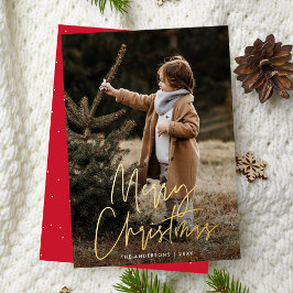 Tarjeta Festiva Con Relieve Metalizado Script manuscrito Red Merry Christmas Photo