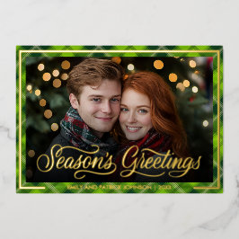 Tarjeta Festiva Con Relieve Metalizado Seasons Greetings | Christmas Green Plaid Photo