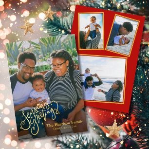 Tarjeta Festiva Con Relieve Metalizado Seasons Greetings Familia Photo Navidades Real