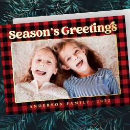 Tarjeta Festiva Con Relieve Metalizado Season's Greetings Plaid Pattern Family Photo