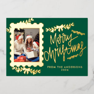 Tarjeta Festiva Con Relieve Metalizado Sello de correo de lámina dorada elegante Feliz Na