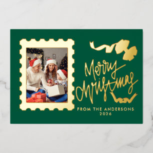 Tarjeta Festiva Con Relieve Metalizado Sello de Correo de Navidad Elegante con Hoja de Or