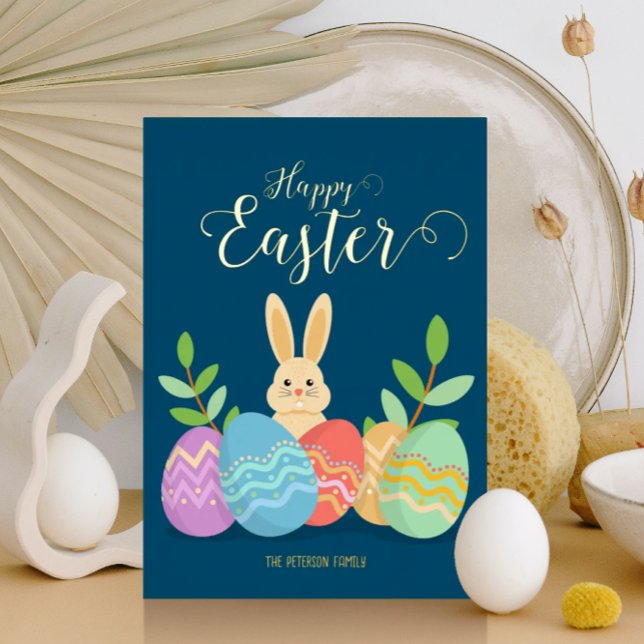 Tarjeta Festiva Con Relieve Metalizado Semana Santa | Personalizado Bunny & Eggs Gold (Subido por el creador)
