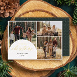 Tarjeta Festiva Con Relieve Metalizado Sencilla 3 Collages de fotos Arch Merry Fotos de N<br><div class="desc">Envíe sus deseos de vacaciones con estilo con nuestra tarjeta de vacaciones de Relieve metalizado. Con un encantador collage de 3 fotos y un elegante overlay a la izquierda, mostrando "Feliz Navidad" con un brillante guión de Relieve metalizado. Añada un toque personal con su apellido y año en tipografía de...</div>