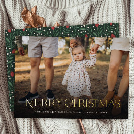 Tarjeta Festiva Con Relieve Metalizado Sencilla elegancia Feliz Navidad Floral de vuelta