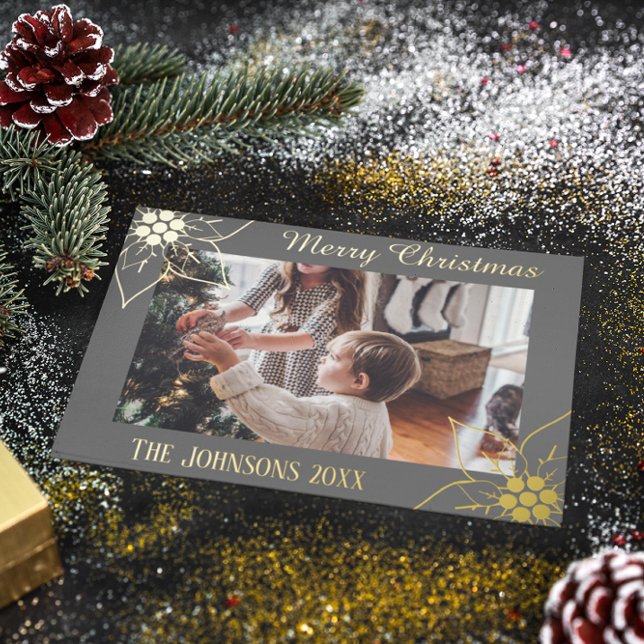 Tarjeta Festiva Con Relieve Metalizado Sencilla Foto Navideña Elegante de Poinsettia Gris (Subido por el creador)