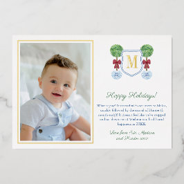 Tarjeta Festiva Con Relieve Metalizado Sencillo elegante Boxwood Monograma Foto Oro Verde