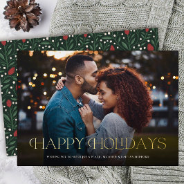 Tarjeta Festiva Con Relieve Metalizado Sencillo Elegante Felices Fiestas Floral Atrás