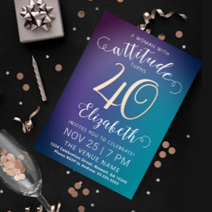 Tarjeta Festiva Con Relieve Metalizado Señora elegante moderna cuarenta tipografía gradie