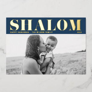 Tarjeta Festiva Con Relieve Metalizado Shalom Bold Typography Blue Happy Hanukkah Photo