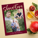 Tarjeta Festiva Con Relieve Metalizado Shana Tova Rosh Hashana Relieve metalizado de foto<br><div class="desc">Esta tarjeta fotográfica de vacaciones de Rosh Hashanah presenta un fondo de color rojo burdeos profundo y el saludo "Shana Tova" en Relieve metalizado dorado. Este diseño tiene tres fotos, una horizontal y dos cuadradas. En la parte trasera se encuentra un fondo bronceado de coordinación. Personalizar este diseño añadiendo otra...</div>