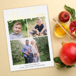 Tarjeta Festiva Con Relieve Metalizado Shana Tova Rosh Hashanah Relieve metalizado dorado<br><div class="desc">Esta tarjeta fotográfica de vacaciones de Rosh Hashanah presenta un fondo blanco clásico y el saludo "Shana Tova" en Relieve metalizado dorado. Este diseño tiene tres fotos, una horizontal y dos cuadradas. En la parte posterior se encuentra el mismo fondo blanco al que se le puede añadir más personalizar al...</div>