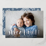 Tarjeta Festiva Con Relieve Metalizado Shine Bright | Foto completa Hanukkah Silver<br><div class="desc">La tarjeta de fotografía festiva Hanukkah presenta su foto horizontal o orientada al paisaje favorita en todo el sangrado,  con "brillo brillante" colocado en la tipografía de pincel con letras de Relieve metalizado plateado. Personaliza la parte delantera de la tarjeta con tus nombres y mensajes de vacaciones cortos.</div>