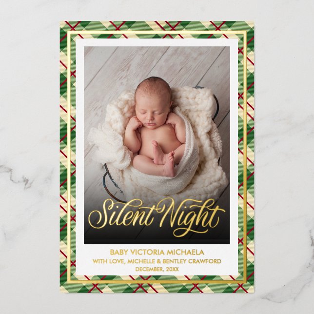 Tarjeta Festiva Con Relieve Metalizado Silent Night | Christmas Baby Photo Plaid Pattern (Anverso)