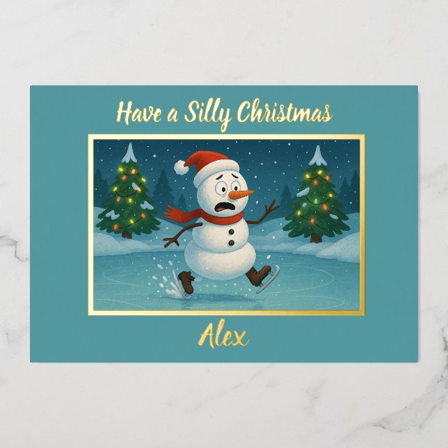 Tarjeta Festiva Con Relieve Metalizado Silly Snowman Ice Skating on Christmas Eve (Anverso)