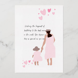 Tarjeta Festiva Con Relieve Metalizado Silueta de corazón rosa de madre e hija