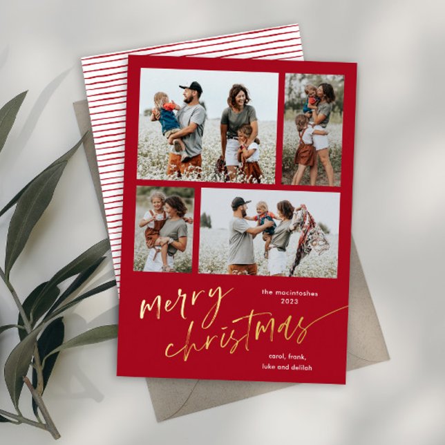 Tarjeta Festiva Con Relieve Metalizado Simple 4 guión de Collage de fotos Feliz Navidad (Modern simple script merrry christmas 4 photo collage gold foil holiday card.)