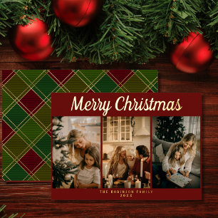 Tarjeta Festiva Con Relieve Metalizado Simple Colage de Tres Fotos de Cuadros Navideños F