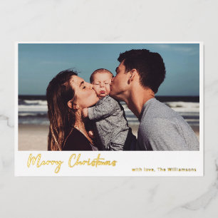 Tarjeta Festiva Con Relieve Metalizado Simple escritura moderna Feliz Navidad Foto Oro