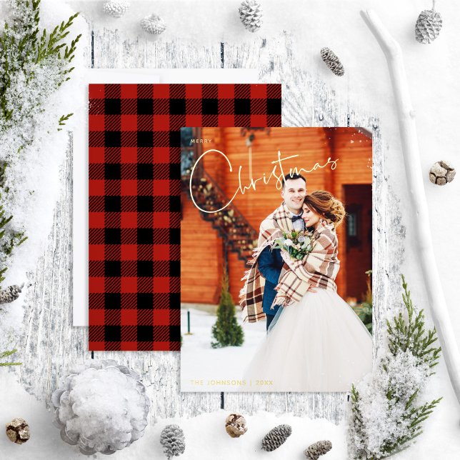Tarjeta Festiva Con Relieve Metalizado Simple Feliz Navidad Red Plaid Winter Photo (Subido por el creador)