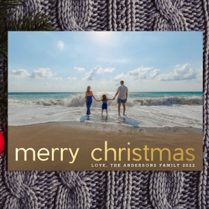 Tarjeta Festiva Con Relieve Metalizado Simple Foto de Navidad Feliz con Letra en Relieve