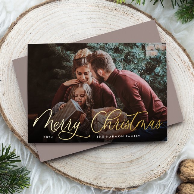 Tarjeta Festiva Con Relieve Metalizado Simple Gold Script Overlay Merry Christmas Photo (Subido por el creador)