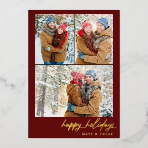 Tarjeta Festiva Con Relieve Metalizado Simple Happy Holidays Navidades Multi-Photo
