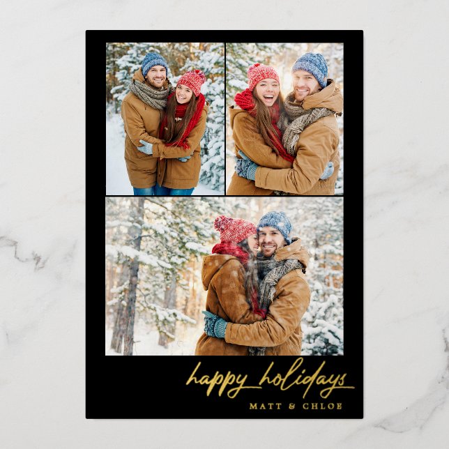 Tarjeta Festiva Con Relieve Metalizado Simple Happy Holidays Navidades Multi-Photo (Anverso)
