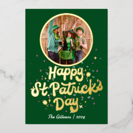 Tarjeta Festiva Con Relieve Metalizado Simple Happy St patricys day Shamrock Family