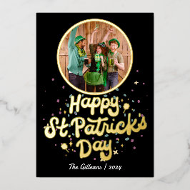 Tarjeta Festiva Con Relieve Metalizado Simple Happy St patricys day Shamrock Family