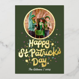 Tarjeta Festiva Con Relieve Metalizado Simple Happy St patricys day Shamrock Family