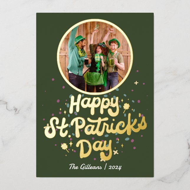 Tarjeta Festiva Con Relieve Metalizado Simple Happy St patricys day Shamrock Family (Anverso)