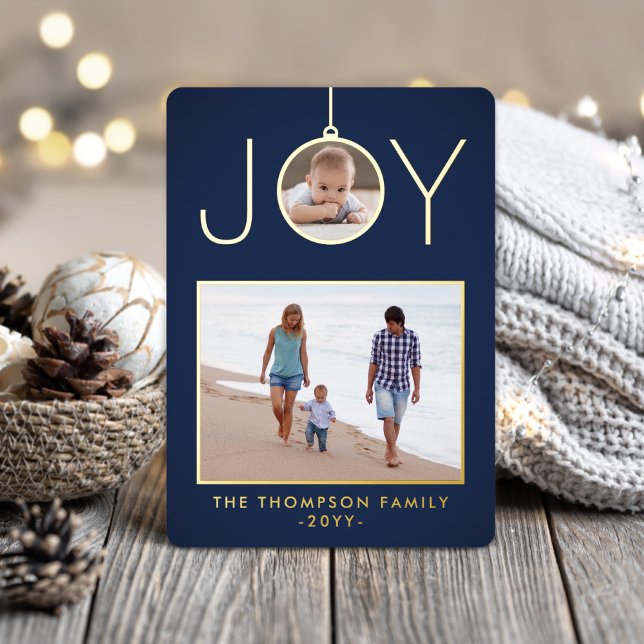 Tarjeta Festiva Con Relieve Metalizado Simple Joy Christmas Ornament 2 Photo Navy & Gold (Subido por el creador)