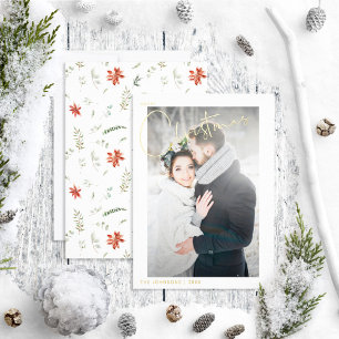 Tarjeta Festiva Con Relieve Metalizado Simple Merry Christmas Poinsettia Boda Photo