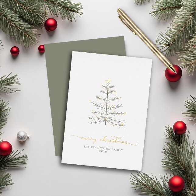 Tarjeta Festiva Con Relieve Metalizado Simple Merry Christmas Tree Script Typography (Simple Merry Christmas Tree Script Typography Foil Holiday Card)
