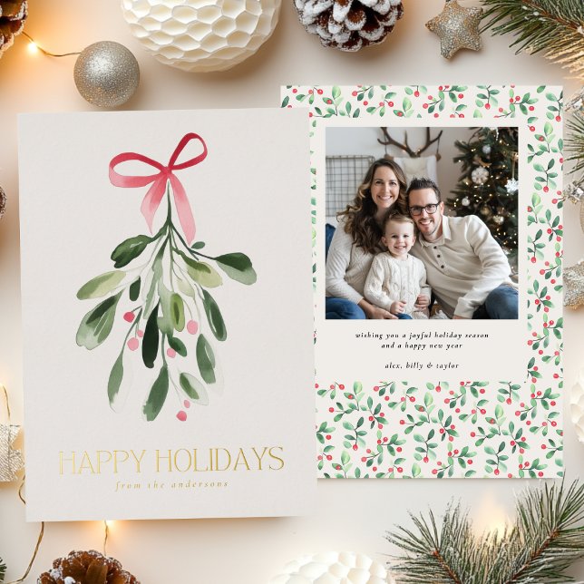 Tarjeta Festiva Con Relieve Metalizado Simple Mistletoe One Photo Navidad Gold (Subido por el creador)