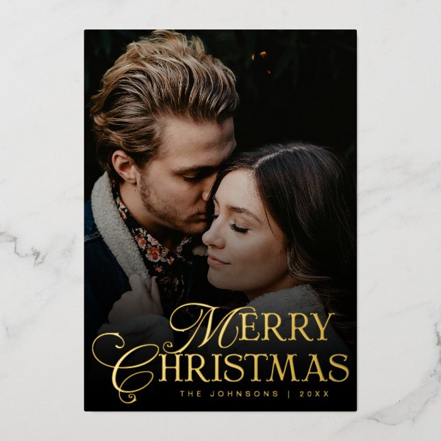 Tarjeta Festiva Con Relieve Metalizado Simple Modern Typography 1 Photo Gold Christmas (Anverso)