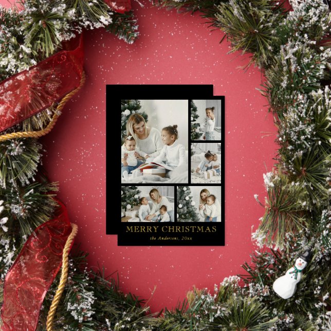Tarjeta Festiva Con Relieve Metalizado Simple Photo Collage Black Christmas Holiday Card (in situ)