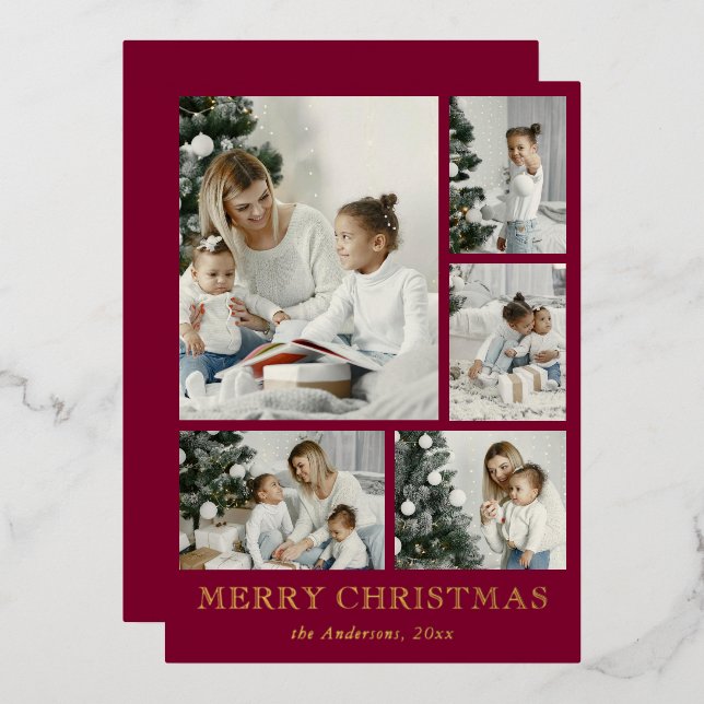 Tarjeta Festiva Con Relieve Metalizado Simple Photo Collage Red Christmas Holiday Card (Anverso/Reverso)