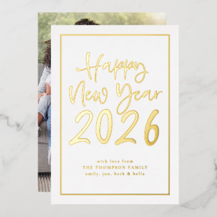 Tarjeta Festiva Con Relieve Metalizado Simple Script Border Happy New Year 2025 Photo