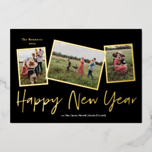 Tarjeta Festiva Con Relieve Metalizado Simple Script Feliz Año Nuevo 3 Fotografía Colage